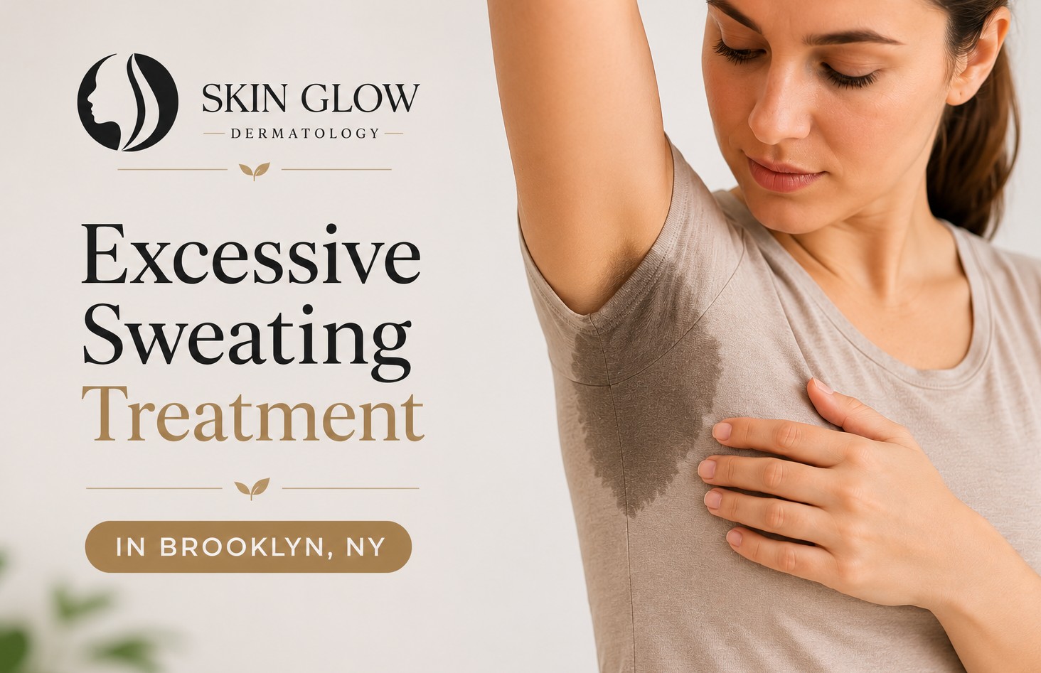 Woman with excessive underarm sweating seeking treatment at Skin Glow Dermatology in Brooklyn, NY.