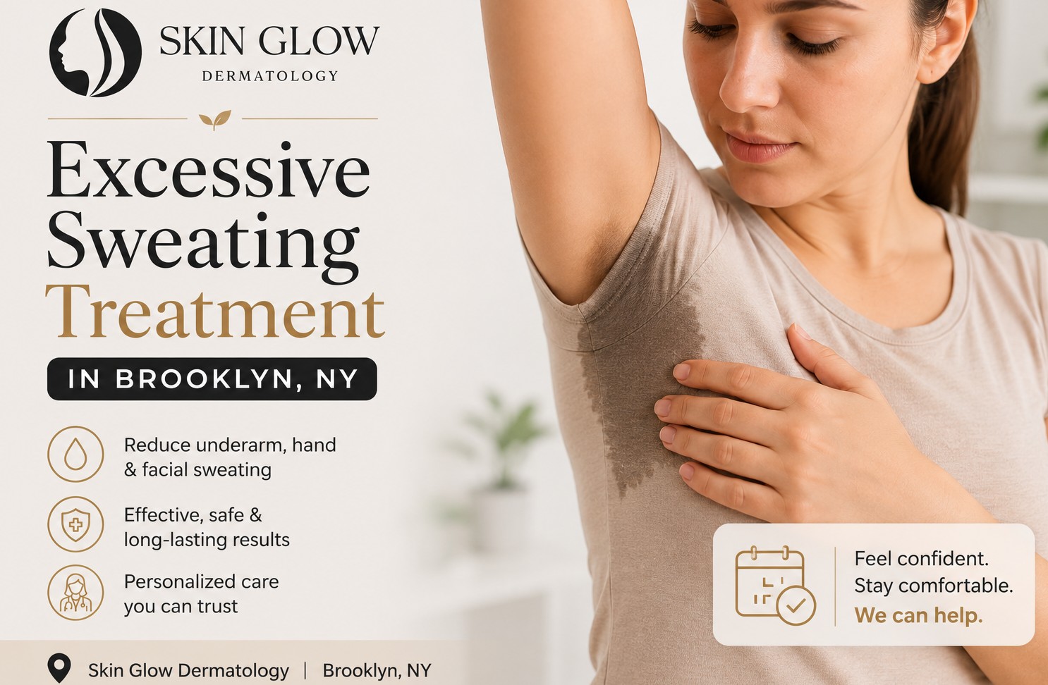 Woman with excessive underarm sweating exploring Botox treatment for hyperhidrosis at Skin Glow Dermatology in Brooklyn, NY.