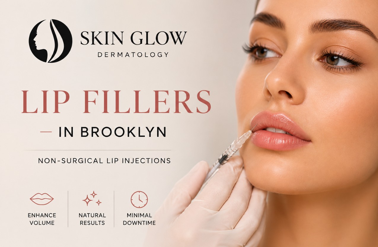 Woman receiving non-surgical lip filler injections at Skin Glow Dermatology in Brooklyn, NY for lip enhancement and natural-looking volume.
