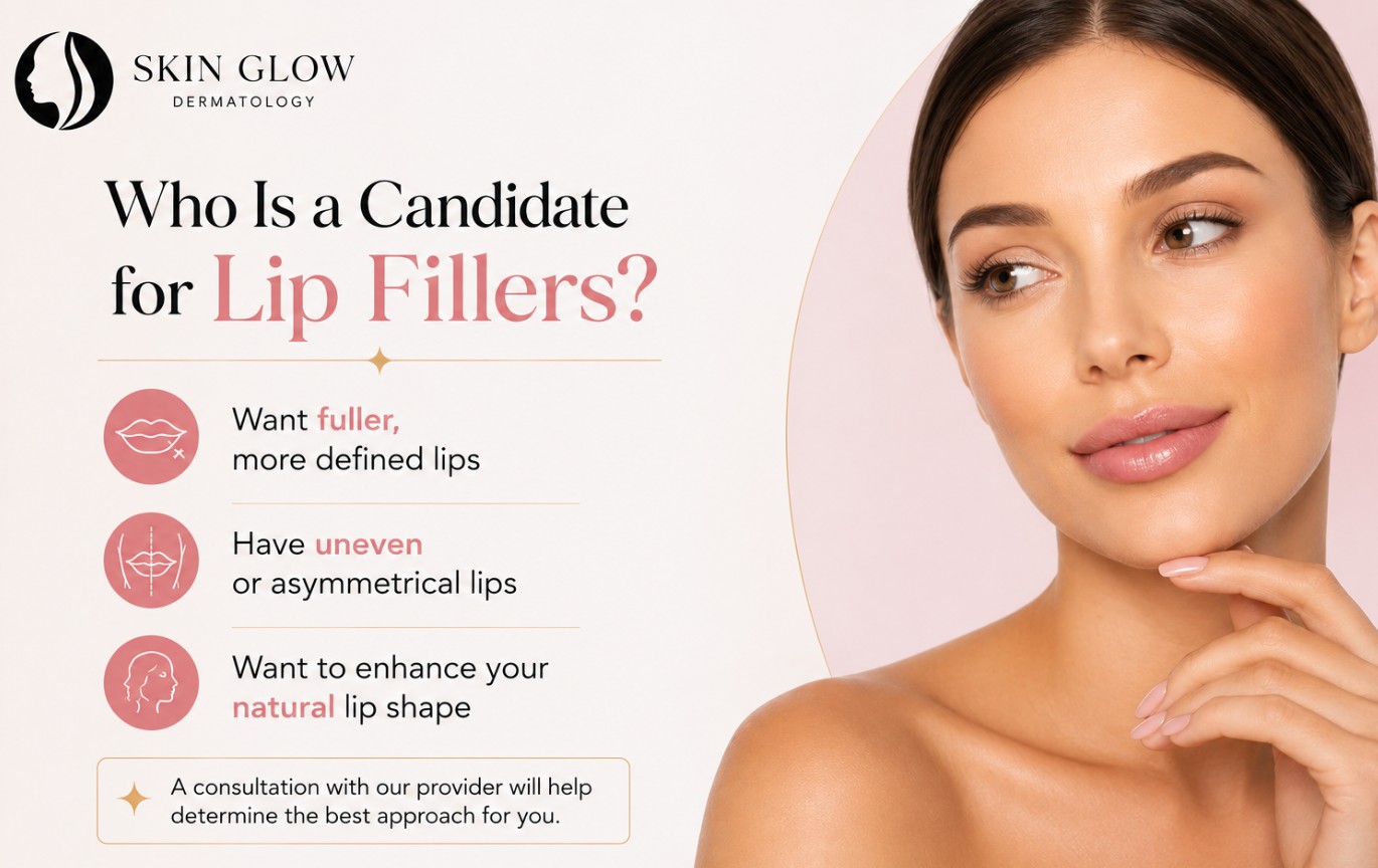 Who is a candidate for lip fillers? Educational graphic from Skin Glow Dermatology in Brooklyn, NY featuring common reasons patients choose non-surgical lip enhancement.