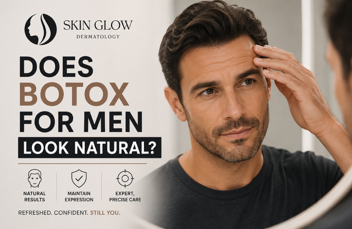 Man checking forehead lines while considering natural-looking Botox treatment at Skin Glow Dermatology in Brooklyn NYC.