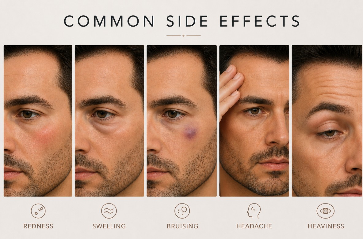Common Botox side effects in men including redness, swelling, bruising, headache, and temporary heaviness.