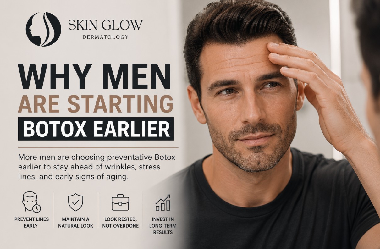 Man noticing early forehead lines and considering preventative Botox treatment at Skin Glow Dermatology in Brooklyn NYC.
