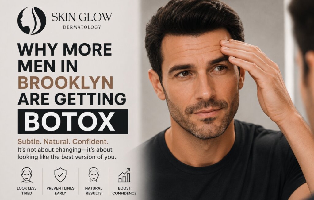 Man checking forehead lines before Botox treatment at Skin Glow Dermatology in Brooklyn NYC.