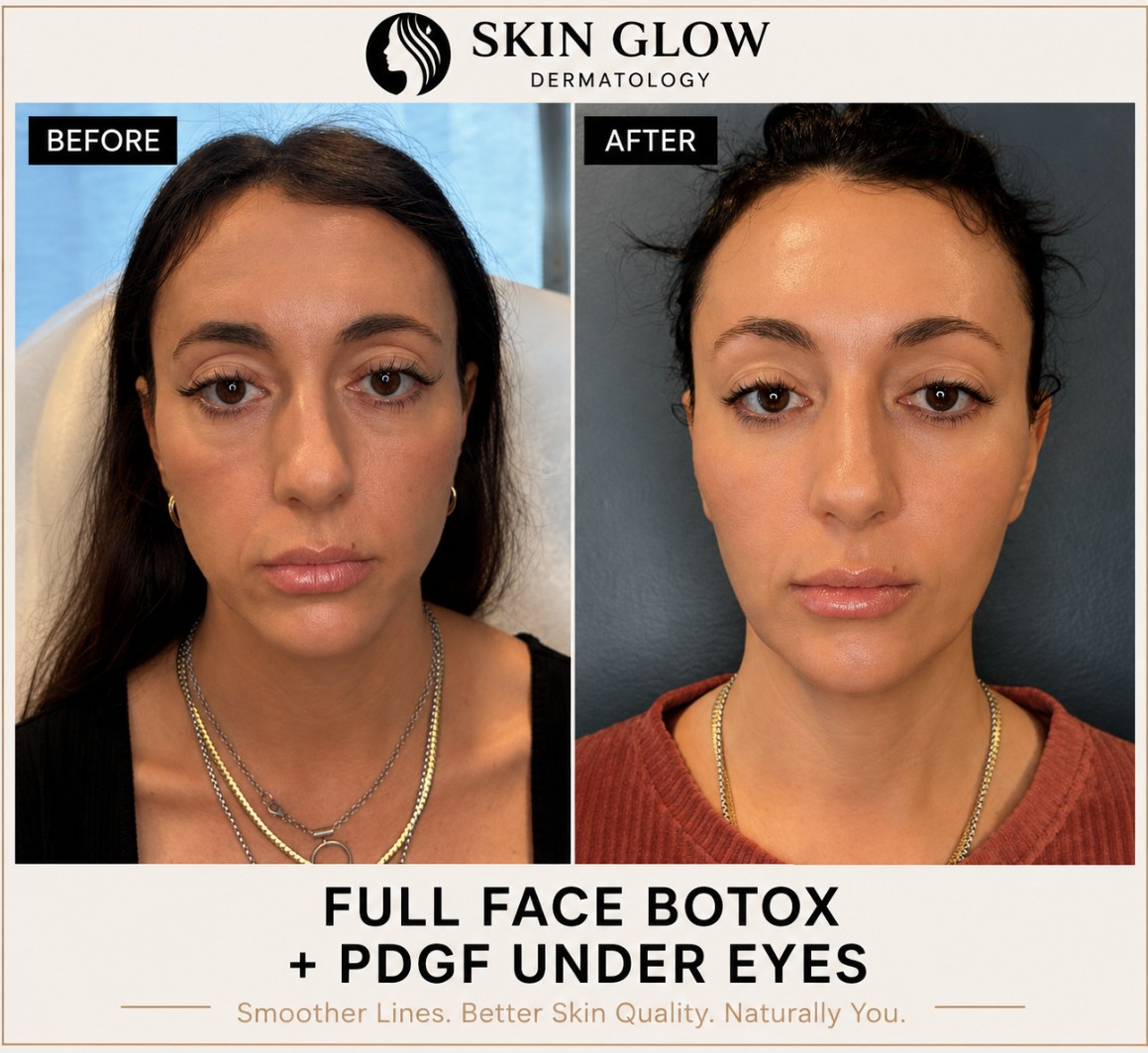 ull Face Botox and PDGF under-eye treatment before and after results showing smoother facial lines, brighter under-eye skin, and improved skin quality at Skin Glow Dermatology.