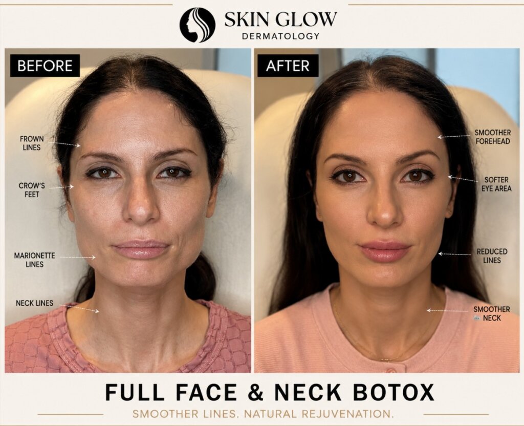 Full Face & Neck Botox before and after results showing smoother forehead, softened facial lines, and a more youthful neck at Skin Glow Dermatology.