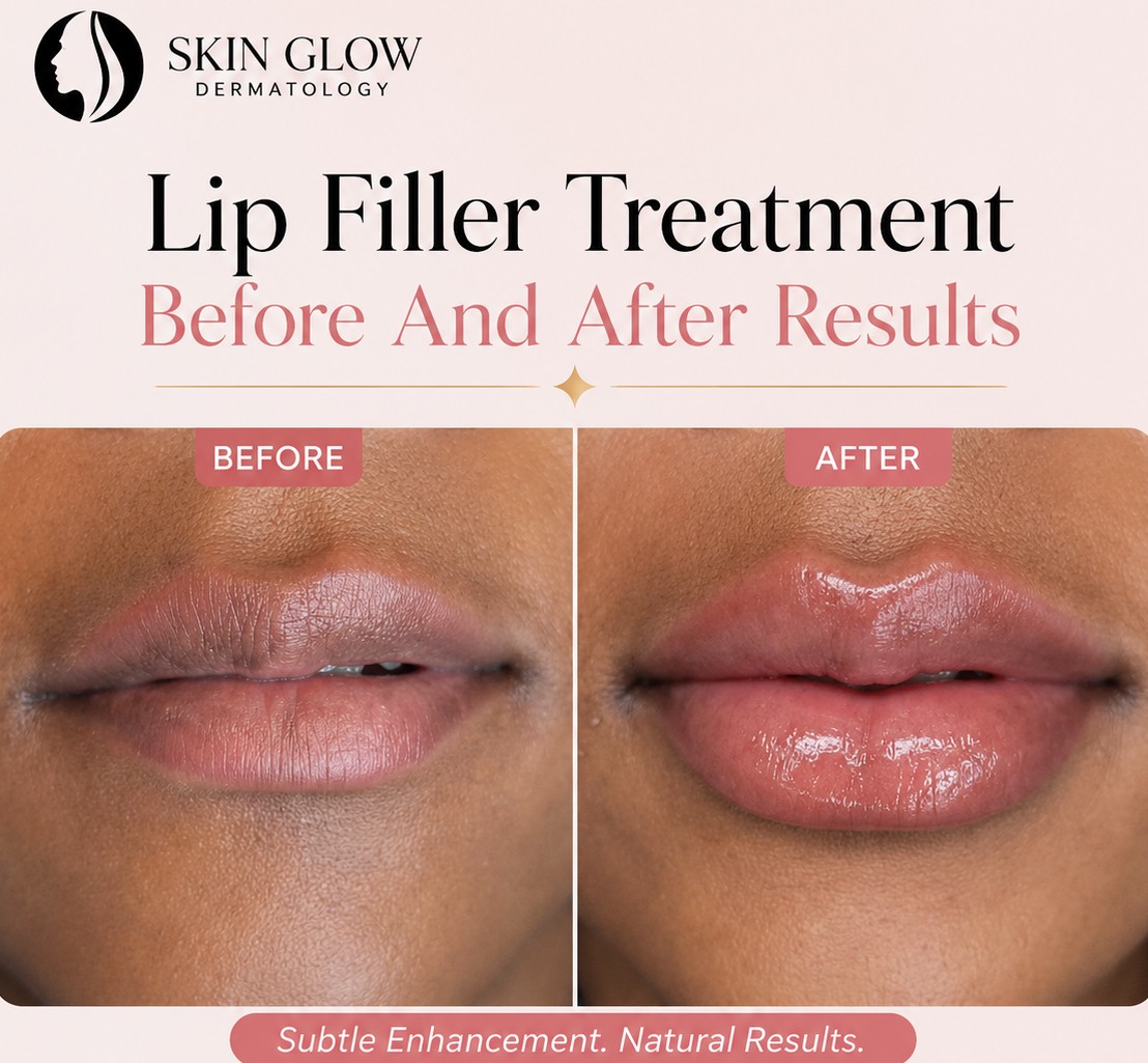 Lip filler treatment before and after results at Skin Glow Dermatology in Brooklyn, NY showing natural-looking lip enhancement with improved volume and definition.