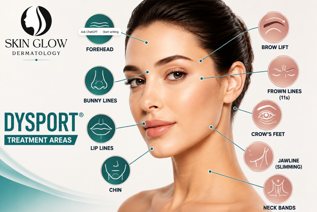 Dysport® treatment areas infographic showing forehead lines, frown lines, crow's feet, bunny lines, lip lines, chin, jawline, neck bands and brow lift at Skin Glow Dermatology.