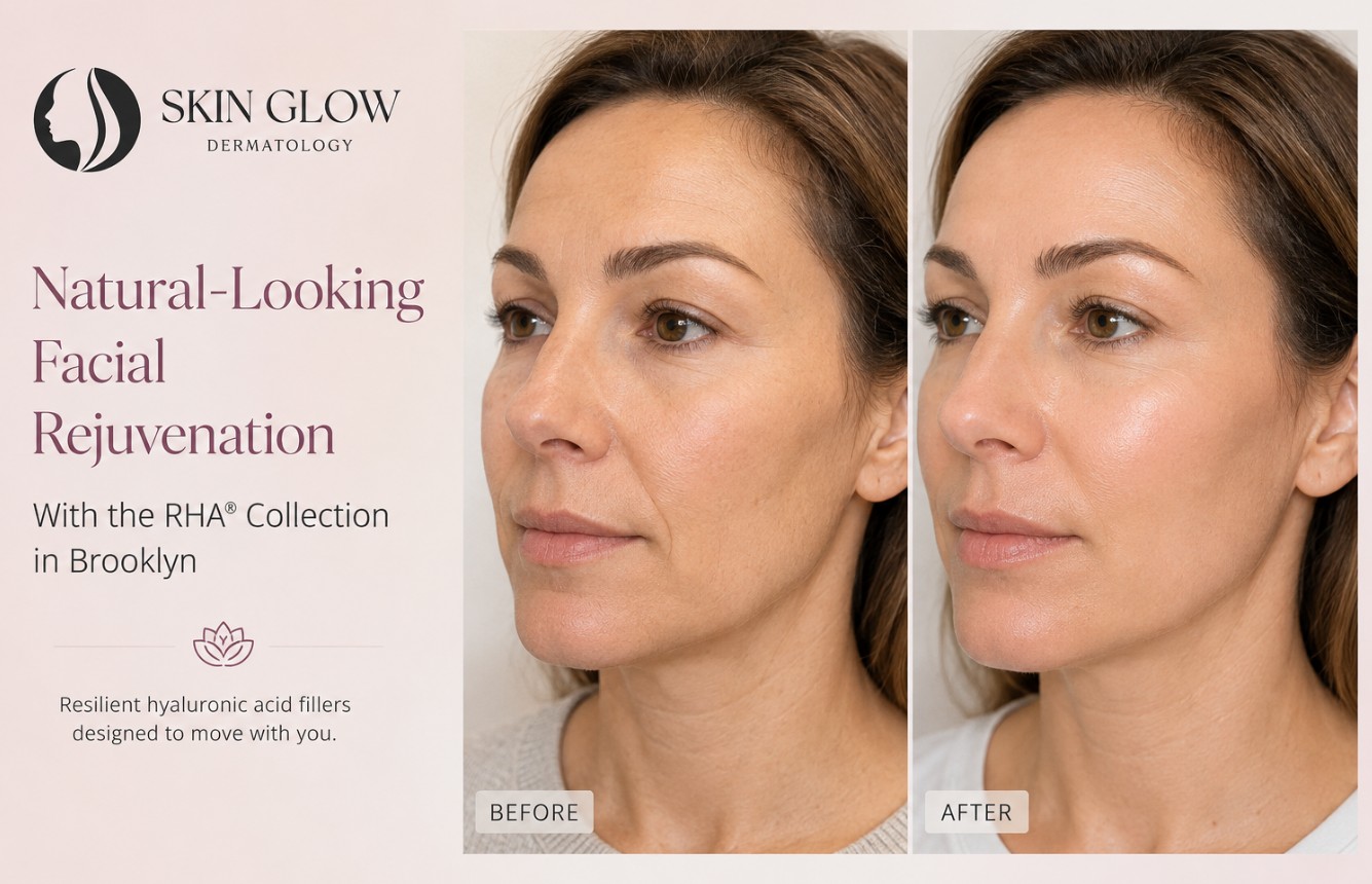 RHA® Collection before and after results showing natural-looking facial rejuvenation at Skin Glow Dermatology in Brooklyn, NY.