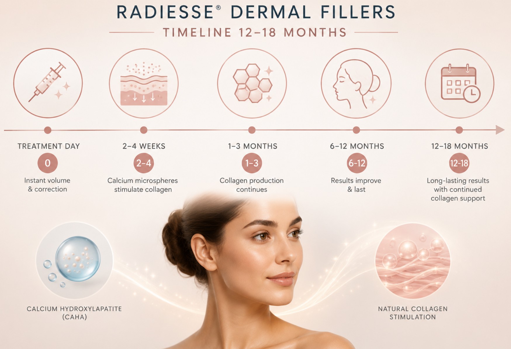Radiesse® dermal fillers timeline showing immediate volume, collagen stimulation, and results lasting approximately 12–18 months.