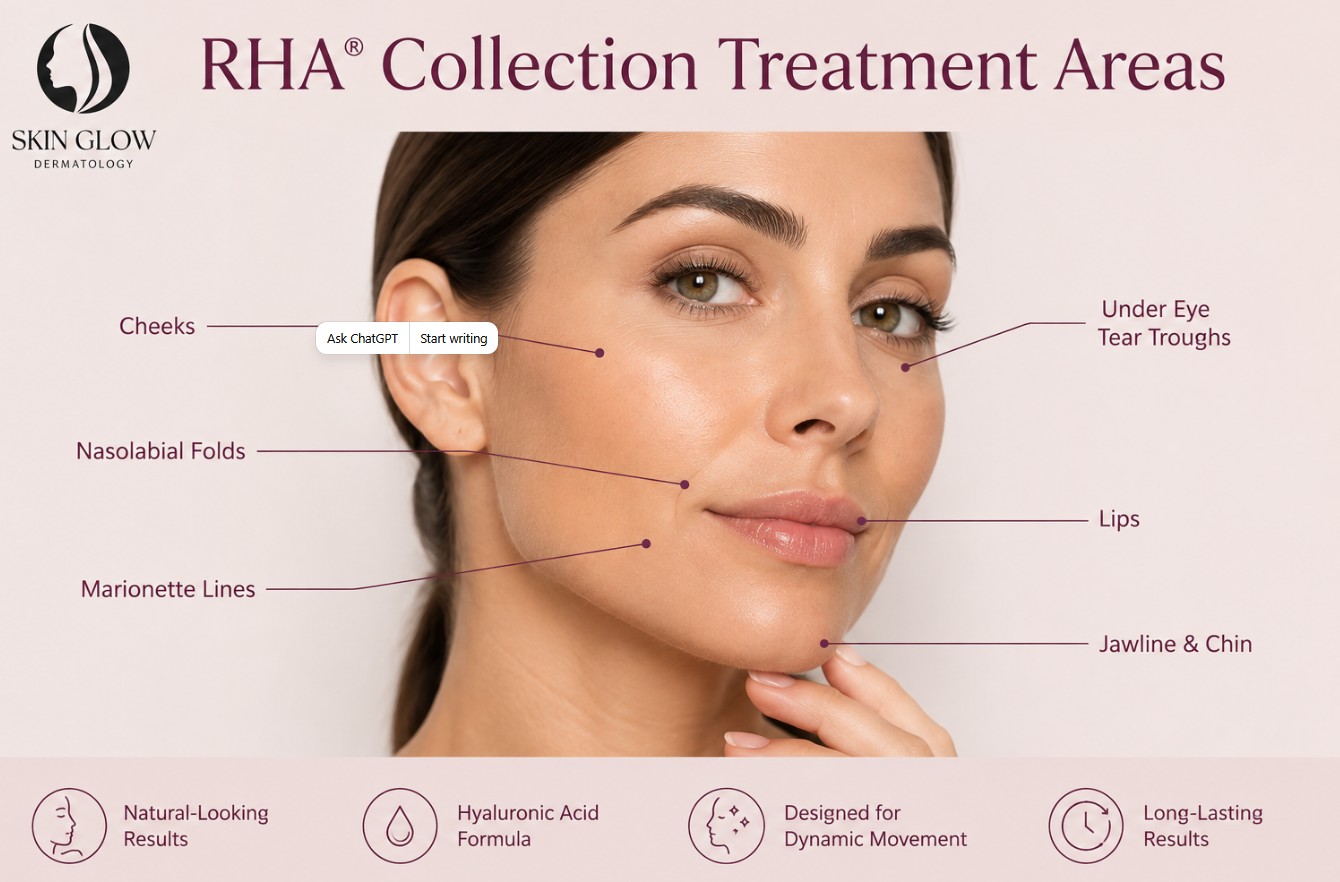 RHA® Collection treatment areas showing cheeks, lips, jawline, chin, nasolabial folds, marionette lines, and under-eye hollows.