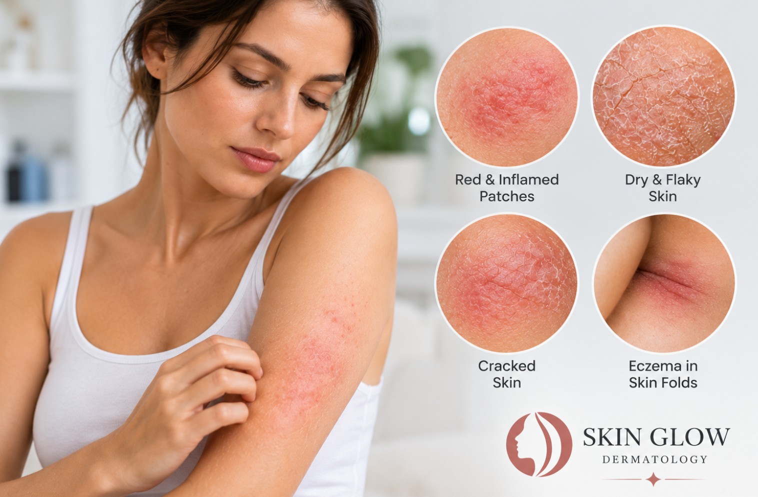 Common eczema and atopic dermatitis symptoms in adults, including red, inflamed, dry, flaky and cracked skin.