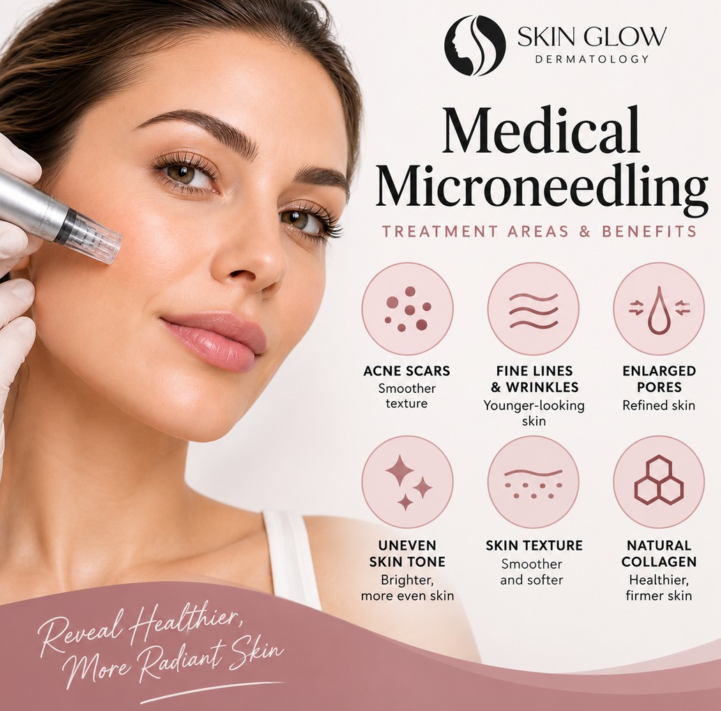 Medical microneedling treatment for acne scars, fine lines, enlarged pores, uneven skin tone, and skin texture at Skin Glow Dermatology in Brooklyn, NY.
