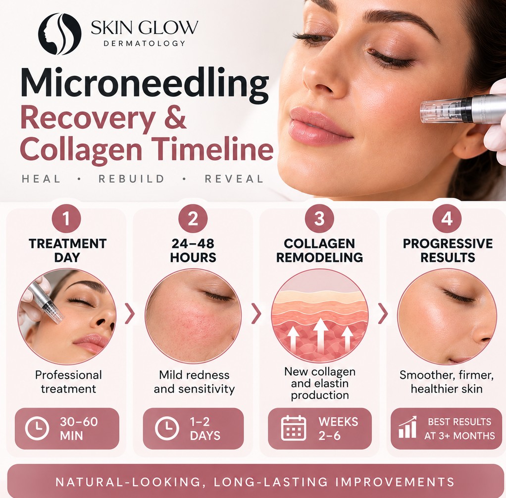 Microneedling recovery and collagen timeline showing treatment day, 24–48 hour recovery, collagen remodeling, and progressive skin results.