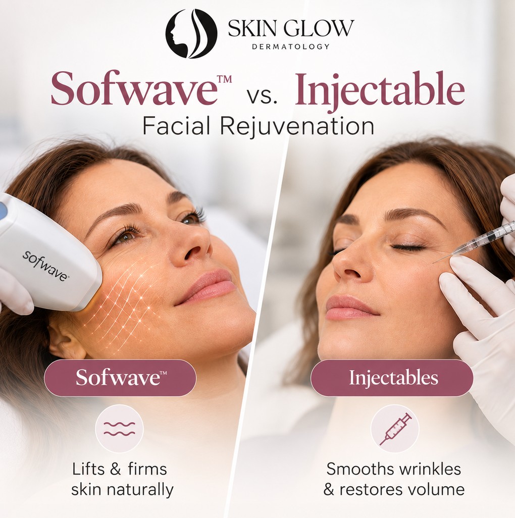 Sofwave™ vs injectable facial rejuvenation at Skin Glow Dermatology in Brooklyn, NY for skin tightening, wrinkles and facial volume.