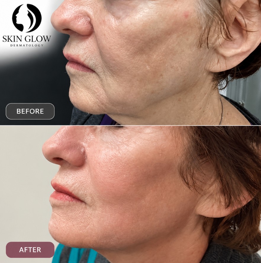 Sofwave™ before and after results in Brooklyn, NY showing improved jawline definition and a lifted lower-face appearance after two treatments.
