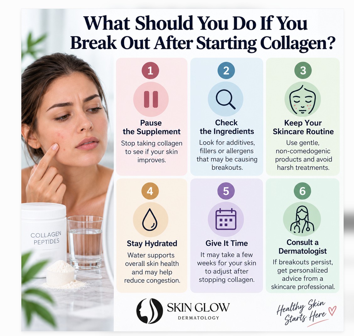 Six steps to consider after acne breakouts appear when starting collagen supplements, including reviewing ingredients and seeking dermatology advice